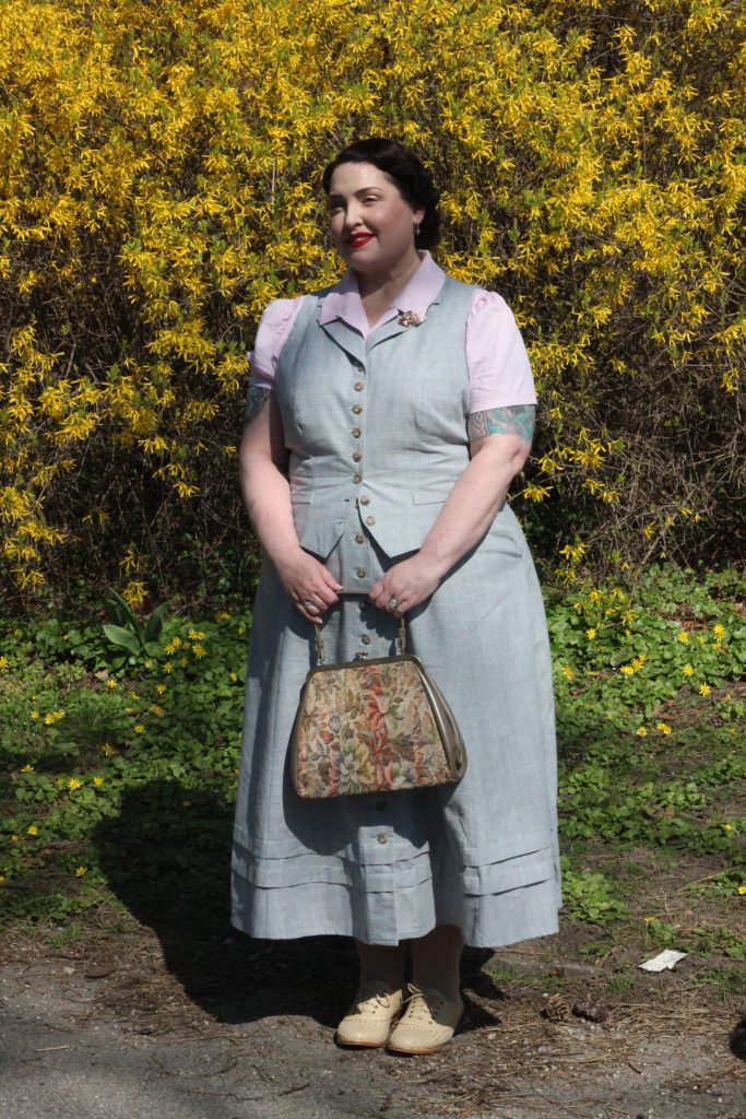dusty blue plaid skirt and waistcoat vintage outfit